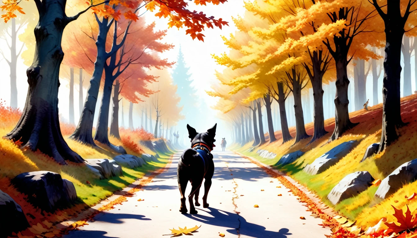 (photo film style), anthropomorphic dog, walk, autumn path, colorful trees, fallen leaves, enjoying the view, 2D, colorful, warm atmosphere, glossy, Jean-Baptiste Monge style, Alan Lee style