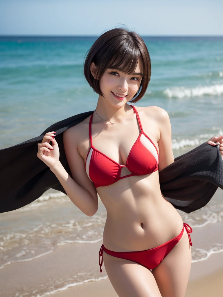 Hair Color: Light cherry brown hairstyle: Short Bob、Bangs are blunt and eye colored: Aqua blue complexion: With a rounded, gentle face、Skin tone with plump lips: White and translucent skin: Smile sweetly、A slightly provocative look, figure, height: 165cm
somatotype: Slim but curvaceous weight: 52kg Pose Basic Pose: Standing with a slight twist of the waist、Hand pose with one leg slightly bent: One hand on the hip、The other hand is touching her hair: A smile that captivates the viewer. Background location: Sandy beach、Details of the moment the sun sets into the sea: The waves are gently lapping、Other outfits with umbrellas and beach chairs: Bright red bikini、Accessories: She's wearing a see-through cover-up on top: Small earrings、A thin choker around the neck. Special ability: Has the power of charm、This character, who can attract and control people, is seen on the beach in the summer with many people.々Attracting the Attention of、He captivates those around him with his charm and charisma.。