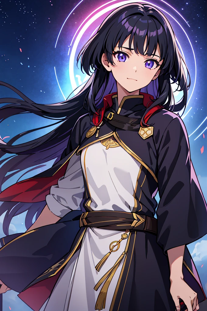Highest quality, masterpiece, High resolution, alone, (Fire emblem),(FE Heroes_Olwen),Evening sky_background,Young Girl,(smug face),(black_Hair Color), (Bob_Hairstyle),4K, masterpiece,, alone, 1,whole body,looking at the camera, Fumaru,(purple_coat)Sharp Eyes,(Thunder),(Full Finger), (sword_Get Ready), (The finer details), (Anatomically correct), (映画のbackground), Hyper Detail, (Subtle details), (Intricate details)