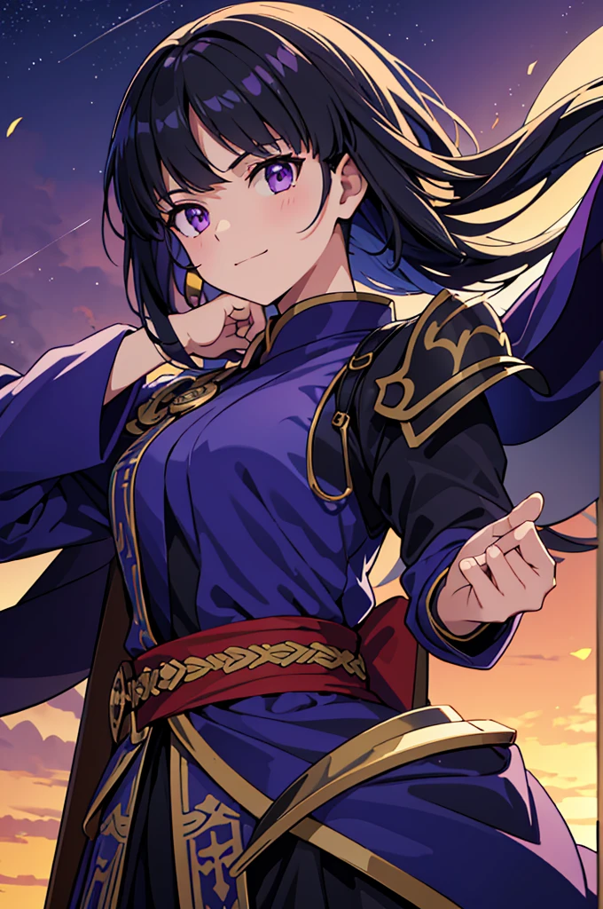 Highest quality, masterpiece, High resolution, alone, (Fire emblem),(FE Heroes_Olwen),Evening sky_background,Young Girl,(smug face),(black_Hair Color), (Bob_Hairstyle),4K, masterpiece,, alone, 1,whole body,looking at the camera, Fumaru,(purple_coat)Sharp Eyes,(Thunder),(Full Finger), (sword_Get Ready), (The finer details), (Anatomically correct), (映画のbackground), Hyper Detail, (Subtle details), (Intricate details)