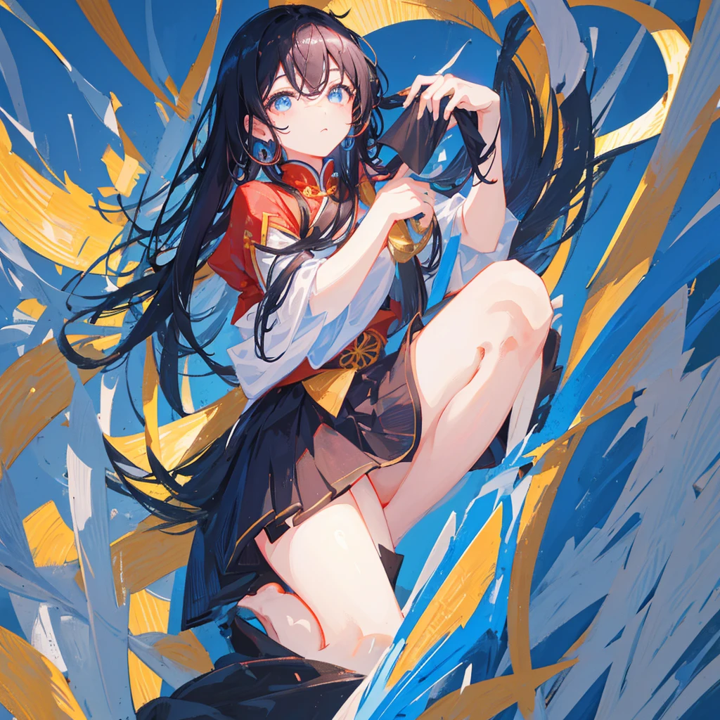 A Chinese woman，Black hair，((Pure blue background))