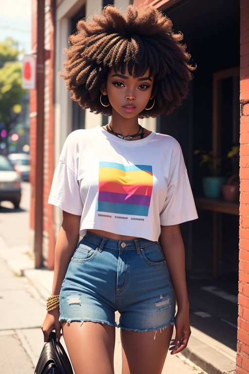 20 years old black girl. with an afro haircut. She is trendy and colourful. She's outgoing.