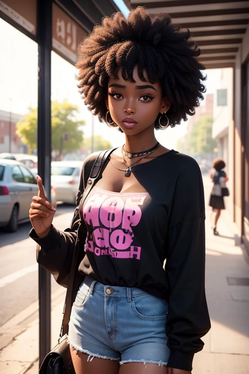 20 years old black girl. with an afro haircut. She is trendy and colourful. She's outgoing.