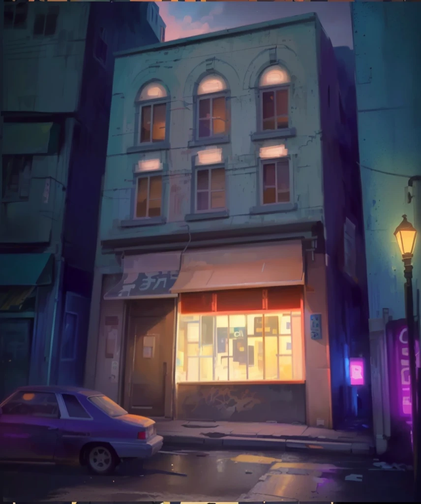 there is a car parked in front of a building on a street, anime background art, anime style cityscape, random background scene, background art, lighting study, anime scenery concept art, painted in anime painter studio, background artwork, warm street lights store front, grimy streets backdrop, stylized urban fantasy artwork, glowing lights! digital painting, style of madhouse studio anime