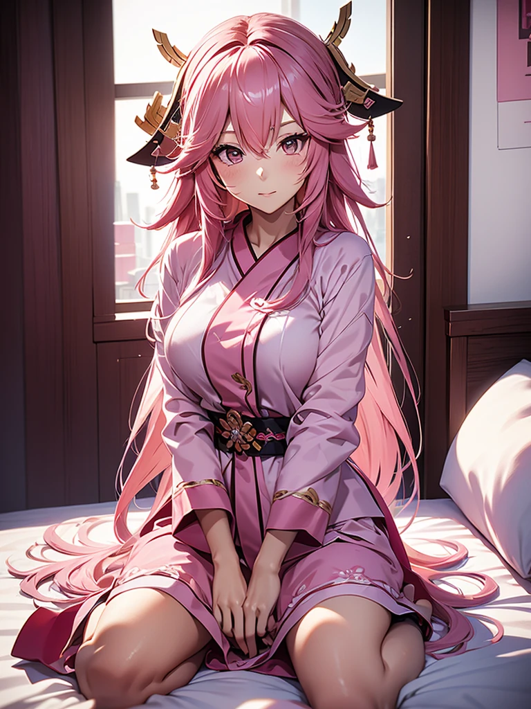 Yae miko, 1woman, wearing a cute pajamas , at morning bed, pink colour hair, 8k, high detailed, high quality