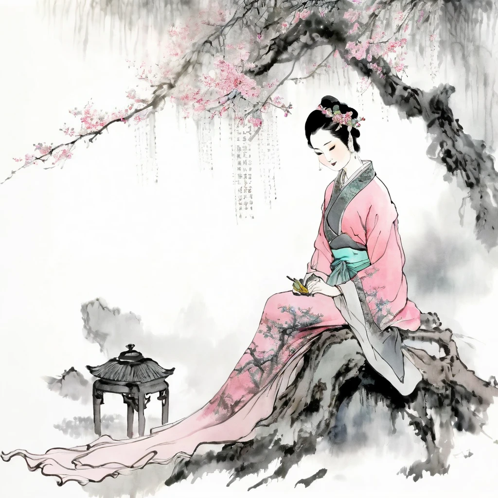 (best quality,ultra-detailed,realistic:1.37),masterpiece:1.2,woman sitting under a tree,Chinese scenery,ink splatters,ink texture,watercolor painting,pink clothing,pink attire,pale gray background, Wearing glasses, blonde hair