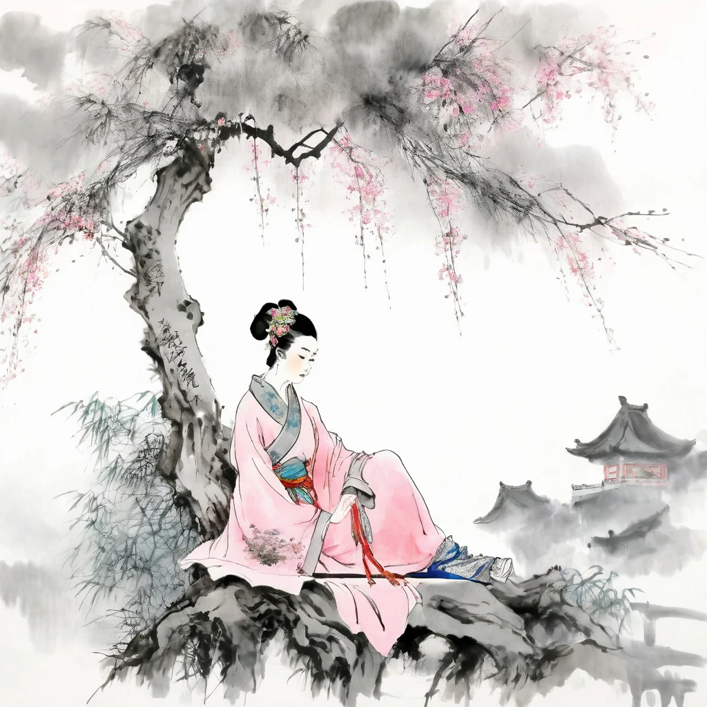 (best quality,ultra-detailed,realistic:1.37),masterpiece:1.2,woman sitting under a tree,Chinese scenery,ink splatters,ink texture,watercolor painting,pink clothing,pink attire,pale gray background, Wearing glasses, blonde hair