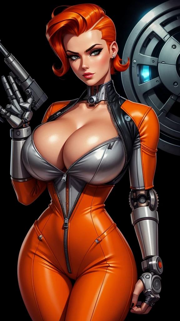 Femme Fatale, gorgeous mechanic, atompunk, blank background, retro-futurism, mechanical hand, cybernetic augments, unzipped orange jumpsuit, gunmetal grey, cleavage, half shaved head, ginger hair