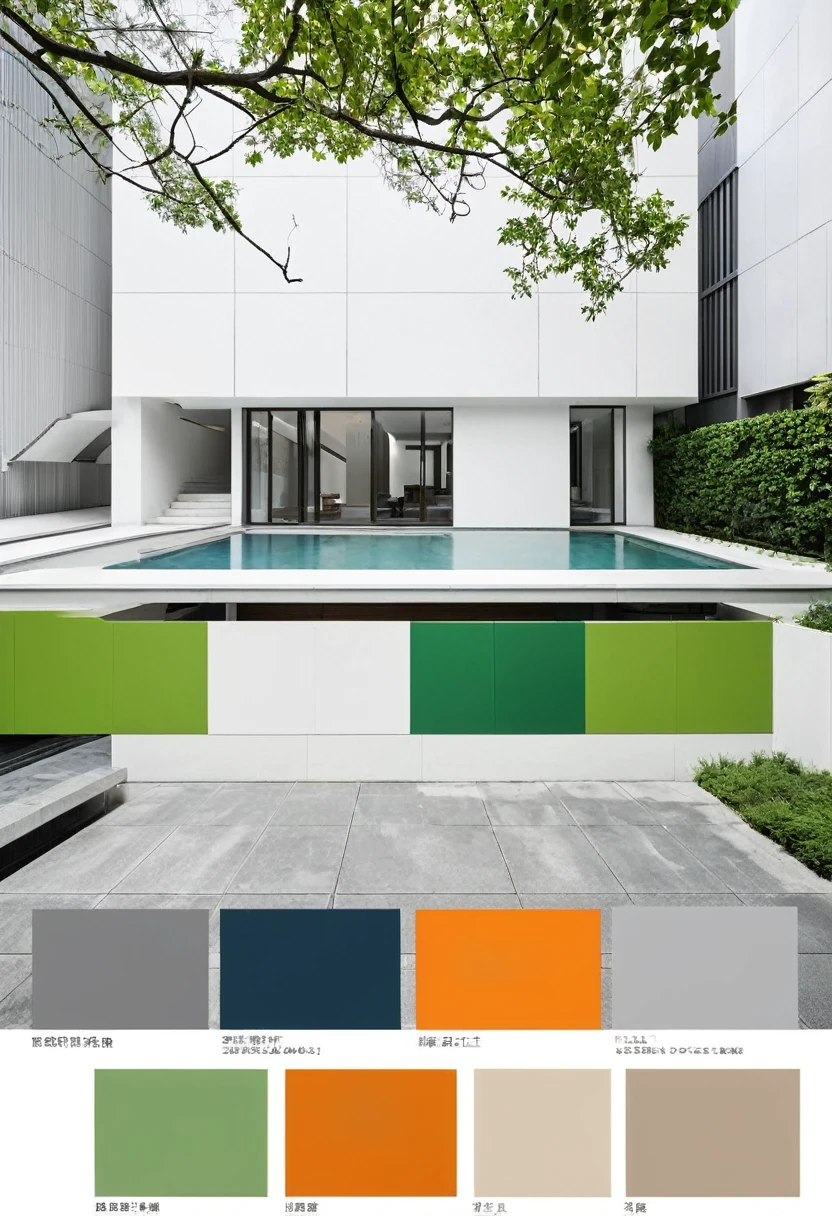 2.3. Architectural color: Architectural color should be coordinated with the overall style control,The main colors are white and cool gray,In response to the research theme,At the same time, it creates a fresh、Modern atmosphere。Secondary colors include blue、Orange and green,To add vitality and diversity。Coordinating colors such as light brown、Light coffee color、Light green, etc.,Used to balance and transition between different colors,Ensure the unity of the overall color。