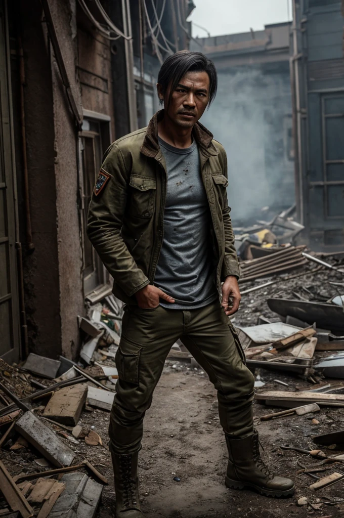    /image prompt: Li Ming, Wasteland Survival, male, 180 cm, Chinese, post-apocalyptic, survivor, rugged clothing, deep blue jacket, grey t-shirt, khaki cargo pants, waterproof boots, dirt, wounds, bloodstains, determination, zombie infection, red eyes, grey skin spots, mutated fingers, makeup reference, costume reference, photo real, Shot on a 50mm lens, classic composition, masterpiece, exquisite, color correction, amazing visual effects, crazy details, intricate details, sharp focus, super high effect, HD, 16k –ar 3:4 - in 6.0 Help me add this description，Character settings in film and television dramas，9:16，There should be an exploded view of the clothing and styling next to the main character，Also avoid illegal words