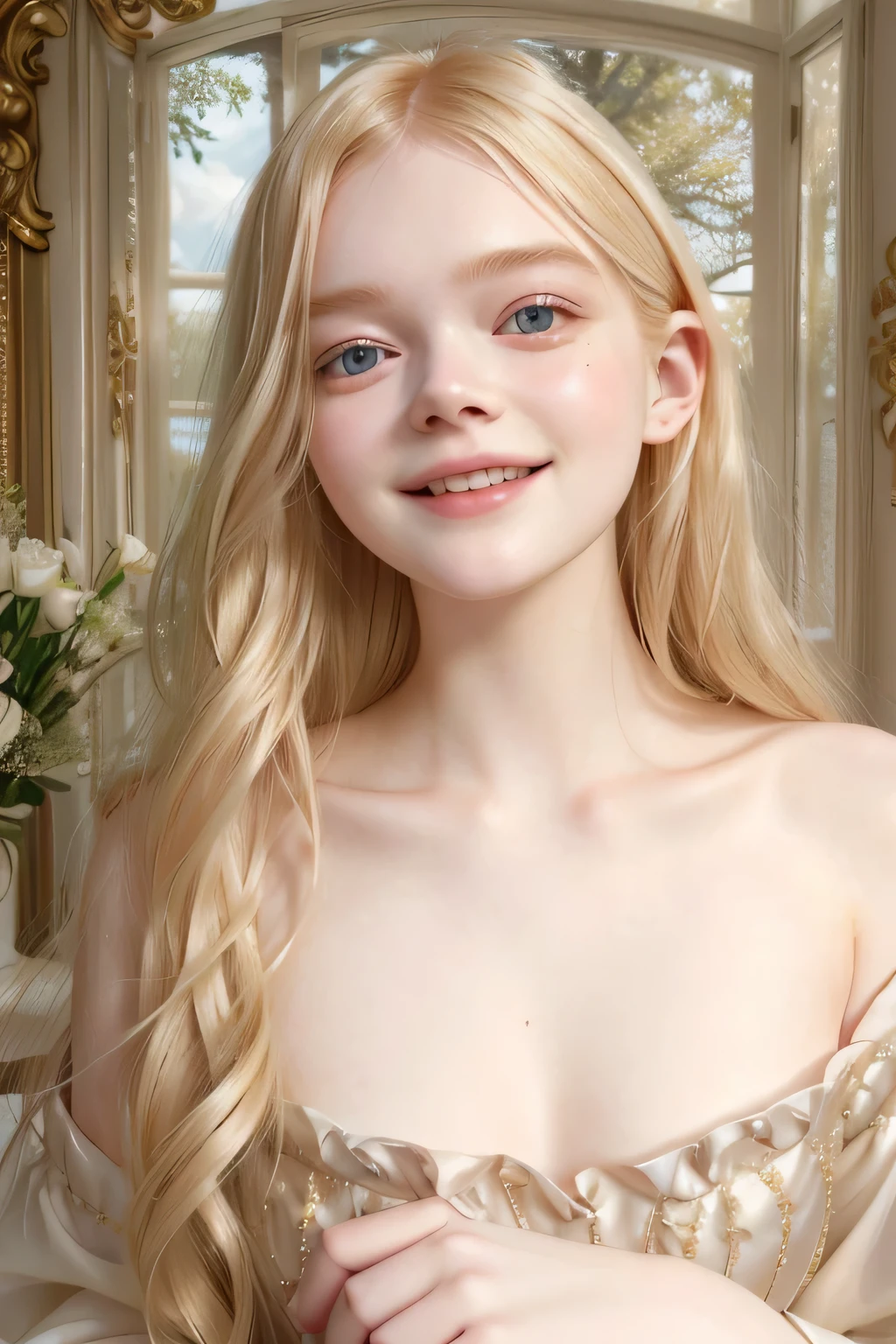 Blonde woman with long hair wearing a dress and smiling, soft pale golden skin, portrait of Elle Fanning, pale skin, smooth and impeccable, soft and pale skin, soft pale white skin, Elle Fanning, pale skin suave natural, Elle Fanning), pale skin marfil, Elle Fanning as an android, pale skin y brillante, Hermosa pale skin, pale skin y clara!!, soft golden skin, curly hair, wavy hair