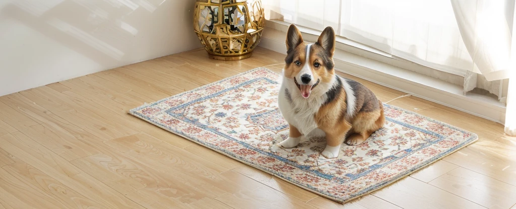 there is a dog sitting on a carpet on the floor, Corgi, cute Corgi, carpet, detailed patterned carpet, Designed for comfort and aesthetics!,  A handsome, Corgi with [ Angel Wings ]!!, In the spotlight, Dynamic!!, Corgi cosmonaut,puppy, Japanese interior decoration style，Natural light and shadow，High-end，Product Image，Photographs，There is light shining in