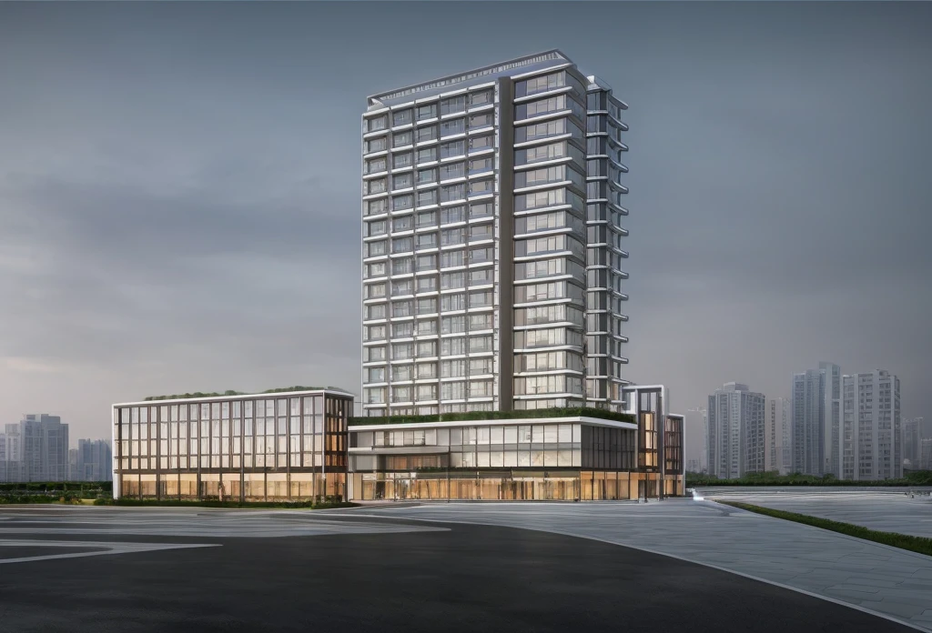 (masterpiece, best quality:1.2), rendering of a modern office building with a large sign on the top, (landscape), (city) , shophouse, modern lush condo as shopfront, Pond in front of the house, wide angle exterior 2022, photo from 2022, full building, architectural rendering, mantra rendering, precise architectural rendering, residential, full - view, realistic building, realistic architecture