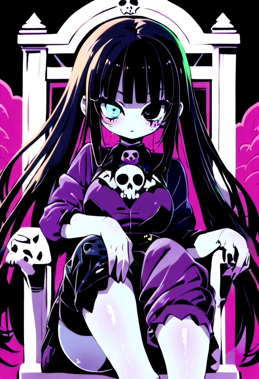 Black Hair、Black Feather、Gothic punk dress、Legs sticking out,Sit on a chair, Crossing your legs、Throne,anime zombie witch design, Crossbones, skull, Streetwear Design, Provector, Horror Style, Full Design, Only 6 colors, Solid Colors, No Shadow, Full Design, Stickers, Bright colors, White Background.Ultra-fine illustrations,(((Beautiful fine hair))),(((Beautiful Faces))),(((Beautiful background))),(((Beautiful fine hair))),(((Beautiful Faces))),(((Beautiful background)))、Black Hair、Blunt bangs,Undershot((Right hand white eye,Left eye purple)),Otto Eyes