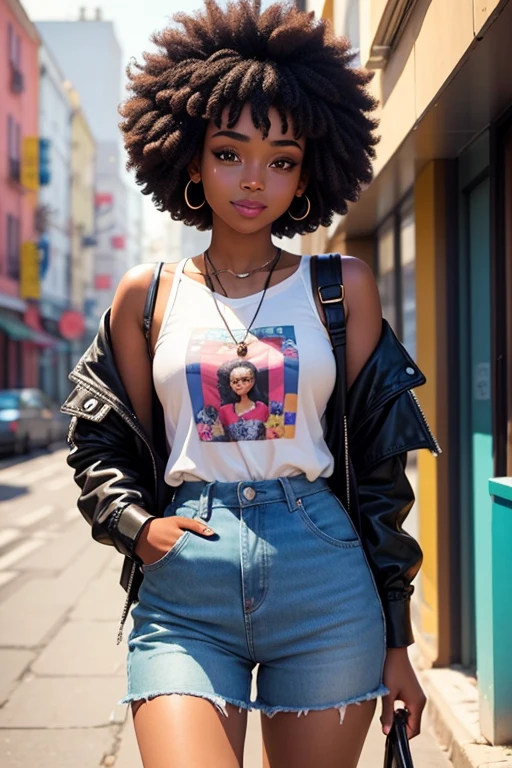 20 years old black girl. with an afro haircut. She is trendy and colourful. She's outgoing and happy.