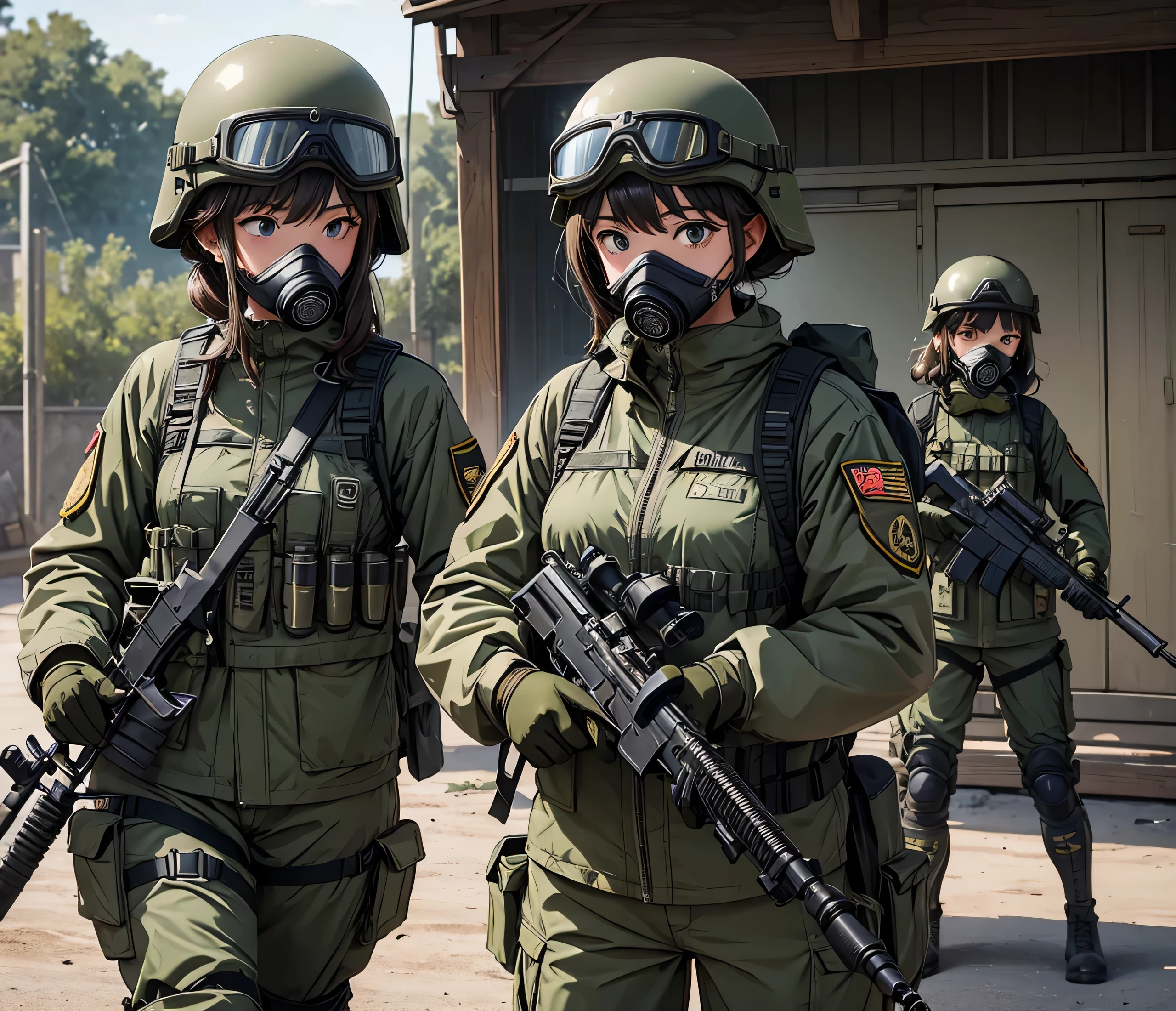 Four female special forces soldiers wearing gas masks、Put on a helmet、Wear goggles、M51 Military Uniform、Guarding with guns in military camp、Write details、masterpiece、best quality、Highly detailed CG、8K picture quality