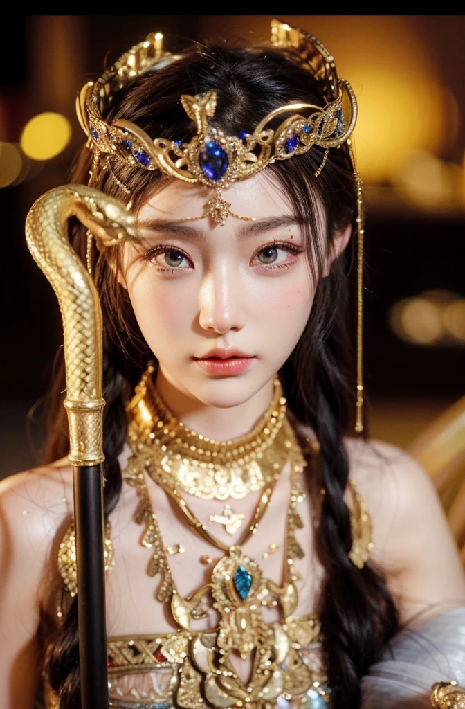 Game Art,CG Animation,Best image quality,Maximum resolution,8K picture quality,(A bust photo),(portrait),(Head close-up),(Rule of Thirds),Unreal Engine 5 rendering works,20 year old girl,((Queen)),The eyes are very detailed,(Large Breasts),Elegance and nobility,Ray Tracing,Game CG,((3D Unreal Engine)),OC rendering reflection mode,4K,Ultra-clear,Translucent lace,Fair and plump figure,Pretty Face,Glossy Gel Coat,身着华贵礼服的Queen,Gorgeous clothing,Luxurious and exquisite jewelry,Colorful makeup,Full figure,Dark red lipstick,精致Gorgeous clothing,Cleopatra,Golden Scepter(Snake Head Scepter)