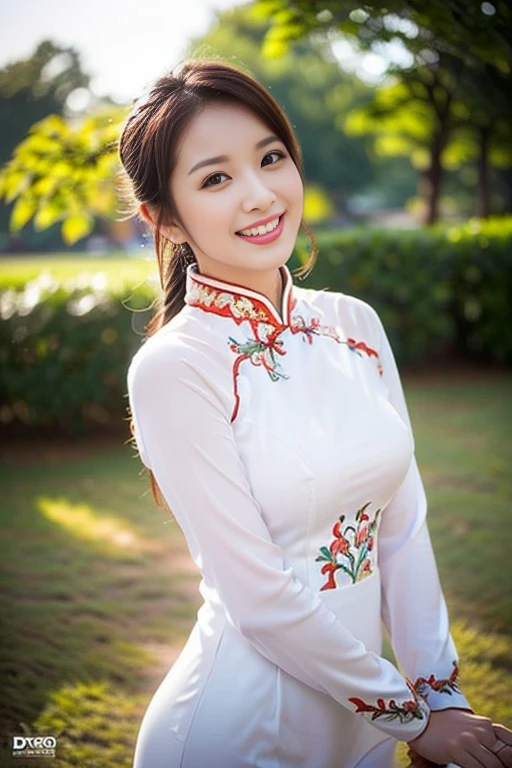 (a gorgeous lady, age 18, Vietnamese traditional dress Ao Dai, nature walk in Hanoi, friendly expression, dimpled smile, cute snaggle-tooth, short hair ponytail, beautiful detailed face, beautiful detailed eyes, ample round bosom, photorealistic, hyper-realism, high contrast, ultra HD, realistic skin textures, top image quality, top-quality, super high resolution, fine details, very meticulously, masterpiece, head to thigh, the Cowboy shot, romantic stunning, bokeh background)