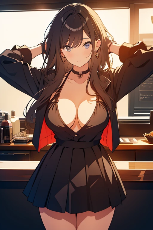 24 years old she's 5'9, her hair is brown, breast size is E, very beautiful, she's wearing a black skirt and black V neck