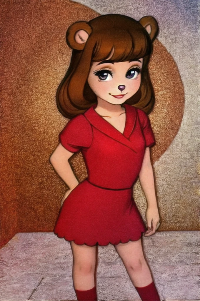 fashionable 60s young lady bear, red_dress, girlfriend, wife, cute pose