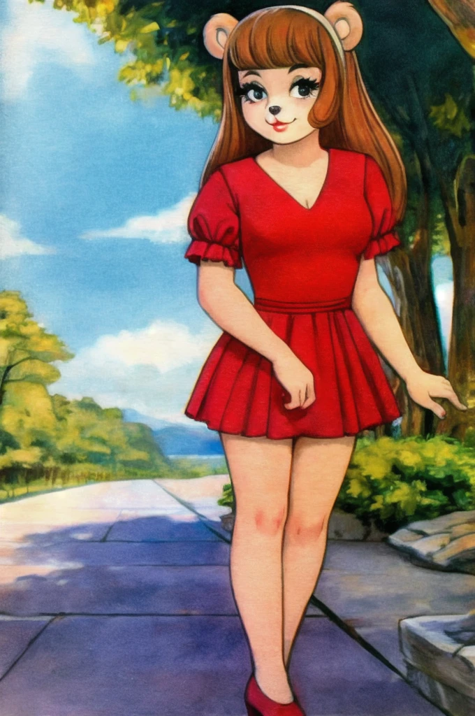 fashionable 60s young lady bear, red_dress, girlfriend, wife, cute pose