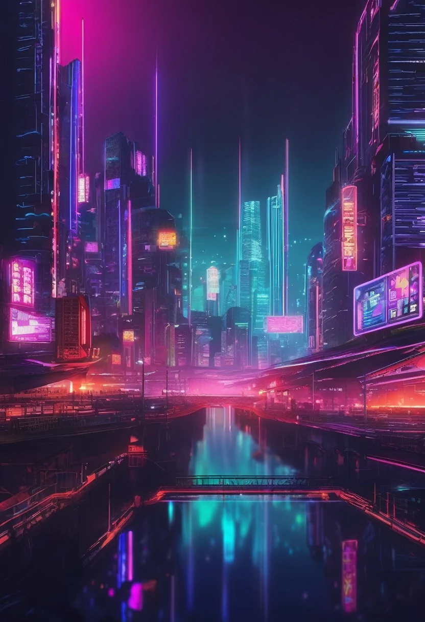 Realistic neon and LED lighting、Beautiful photo of a night cityscape in cyberpunk style, 8K, Vectorized, High resolution, High resolution