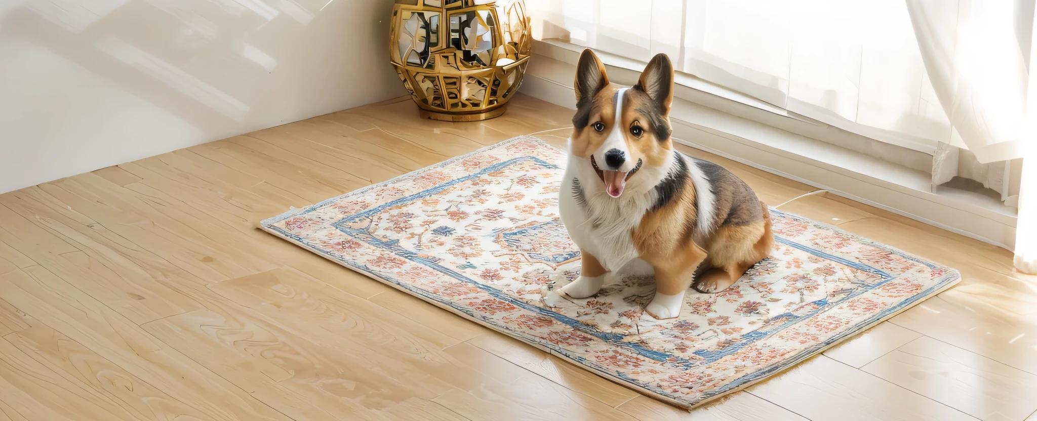 there is a dog sitting on a carpet on the floor, Corgi, cute Corgi, carpet, detailed patterned carpet, Designed for comfort and aesthetics!,  A handsome, Corgi with [ Angel Wings ]!!, In the spotlight, Dynamic!!, Corgi cosmonaut,puppy, Japanese interior decoration style，Natural light and shadow，High-end，Product Image，Photographs，There is light shining in