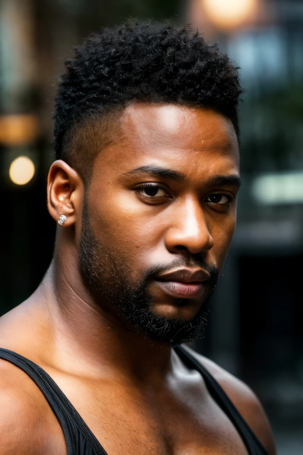 (a 35-year-old american black male), high-quality, hyperrealistic, photorealistic, 8K, street photography, short black hair, ((dark skin)), thick lips, beard covering from sideburns to mouth, stoic fashion model expression, headshot, piercing confident gaze, wearing sleeveless tops, (best quality,4k,8k,highres,masterpiece:1.2),ultra-detailed,(realistic,photorealistic,photo-realistic:1.37),HDR,UHD,studio lighting,ultra-fine painting,sharp focus,physically-based rendering,extreme detail description,professional,vivid colors,bokeh
