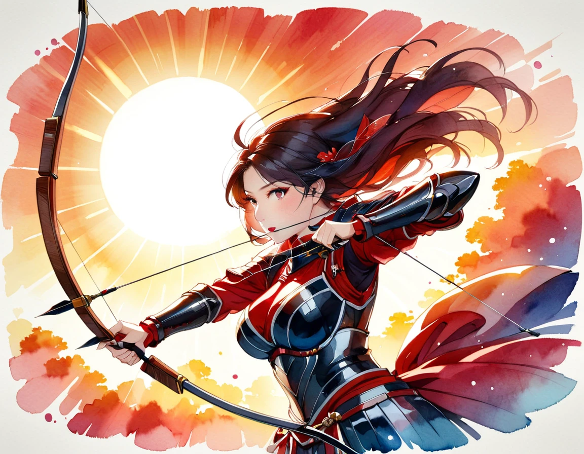 a Japanese watercolor illustration (using Black, white and red colors only) of a exquisite beautiful female archer, (silhouette artwork: 1.3), (aiming a bow: 1.4), holding the (masterwork bow: 1.3)  perfectly, ready for action as the sun rises, fantasy art, ), sun rising behind the archer, ready to act,  ultra feminine, with a long curvy hair, wearing knights armor, intricate clothes, , sting drawn to the cheek , arrow ready to be shot, (tip of the arrow glimmers in the sun: 1.3), sunrays, divine rays, high details, best quality, 16k, [ultra detailed], masterpiece, best quality, (extremely detailed), dynamic angle, Aiming a Bow, bow (weapon), ral-wtrclr