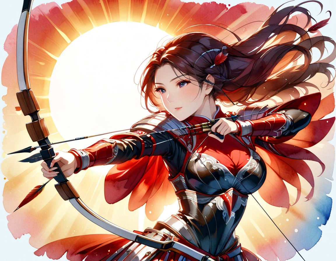 a Japanese watercolor illustration (using Black, white and red colors only) of a exquisite beautiful female archer, (silhouette artwork: 1.3), (aiming a bow: 1.4), holding the (masterwork bow: 1.3)  perfectly, ready for action as the sun rises, fantasy art, ), sun rising behind the archer, ready to act,  ultra feminine, with a long curvy hair, wearing knights armor, intricate clothes, , sting drawn to the cheek , arrow ready to be shot, (tip of the arrow glimmers in the sun: 1.3), sunrays, divine rays, high details, best quality, 16k, [ultra detailed], masterpiece, best quality, (extremely detailed), dynamic angle, Aiming a Bow, bow (weapon), ral-wtrclr