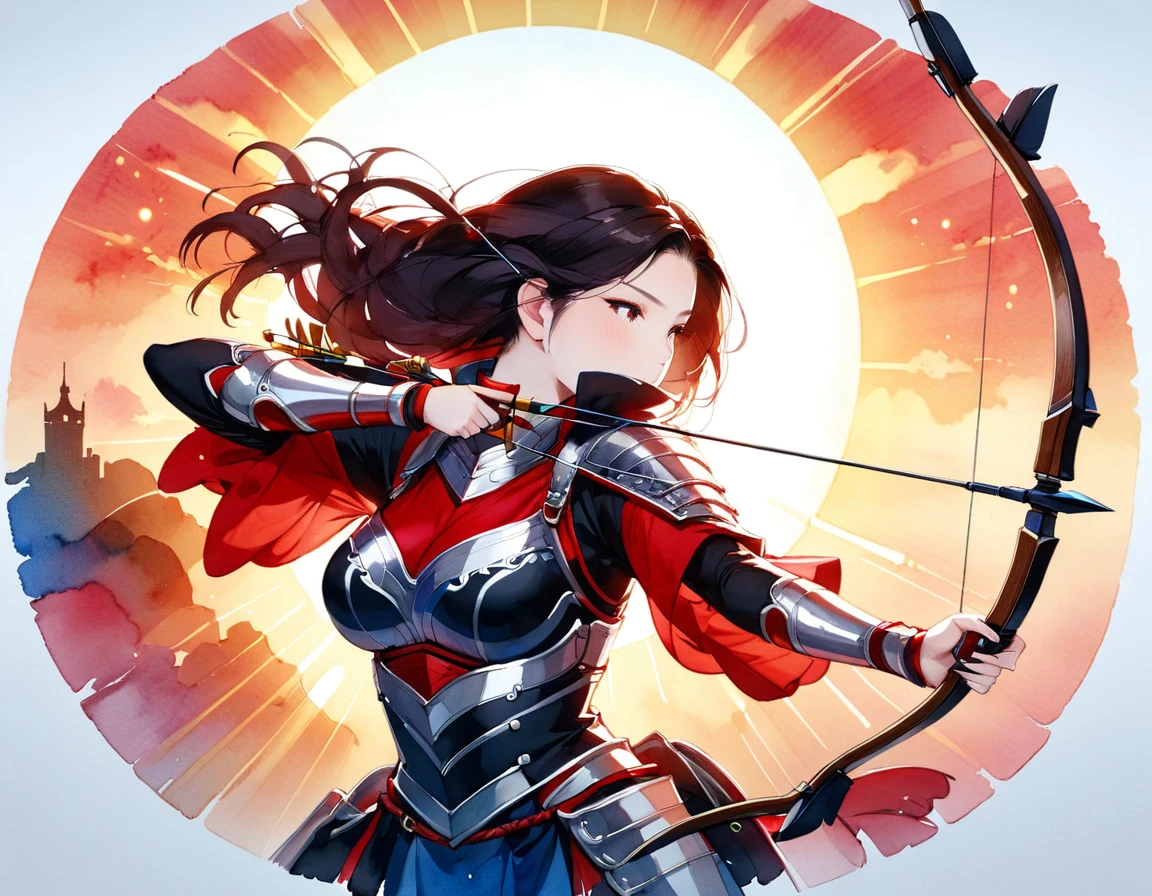 a Japanese watercolor illustration (using Black, white and red colors only) of a exquisite beautiful female archer, (silhouette artwork: 1.3), (aiming a bow: 1.4), holding the (masterwork bow: 1.3)  perfectly, ready for action as the sun rises, fantasy art, ), sun rising behind the archer, ready to act,  ultra feminine, with a long curvy hair, wearing knights armor, intricate clothes, , sting drawn to the cheek , arrow ready to be shot, (tip of the arrow glimmers in the sun: 1.3), sunrays, divine rays, high details, best quality, 16k, [ultra detailed], masterpiece, best quality, (extremely detailed), dynamic angle, Aiming a Bow, bow (weapon), ral-wtrclr