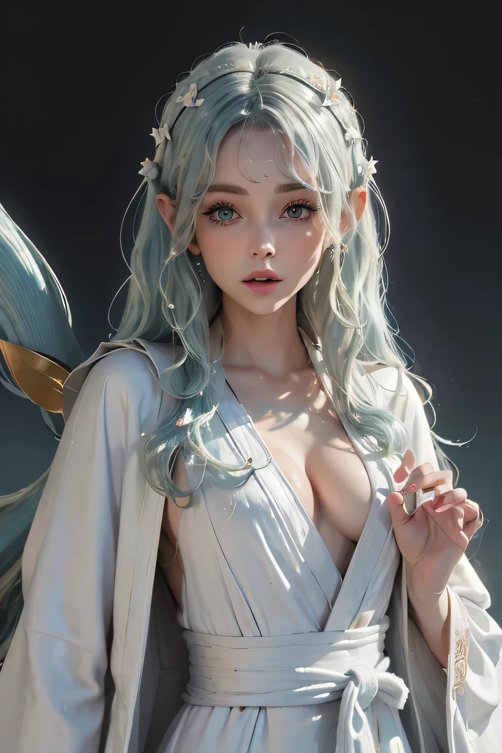 Highest quality, shape, Very detailed, In detail, High resolution, 8k wallpaper, Perfect dynamic composition, Beautiful details,(cute Undine), (white Undine's robe:1.6),Random Hairstyles, Perfect Anatomy，Center of chest, Natural color lip, Random sexy poses,Woman with perfect body，devil