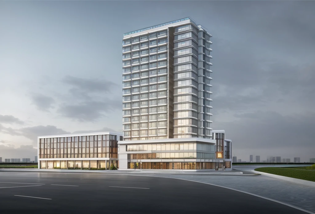 (masterpiece, best quality:1.2), rendering of a modern office building with a large sign on the top, (landscape), (city) , shophouse, modern lush condo as shopfront, Pond in front of the house, wide angle exterior 2022, photo from 2022, full building, architectural rendering, mantra rendering, precise architectural rendering, residential, full - view, realistic building, realistic architecture