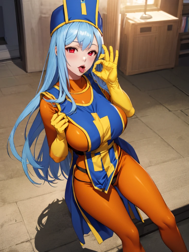 masterpiece,Highest quality, Unreal Engine, Super Resolution, Very detailed,
1 Girl, Waist, thin, (Muscular:0.8)
Round Breasts, Big Breasts, Bold,  Part your lips, Observe the audience,
Are standing, sexy pose
Waist shot,Tentacles entangled in chest,Spread your legs,
, Key Visual,
 Light blue hair, Red eyes, Long-haired monk \(dq3\)
,Orange bodysuit,Tabard Elbow Gloves((Spread your legs上げる:1.3)),、(Orange pantyhose、panties:1.2)