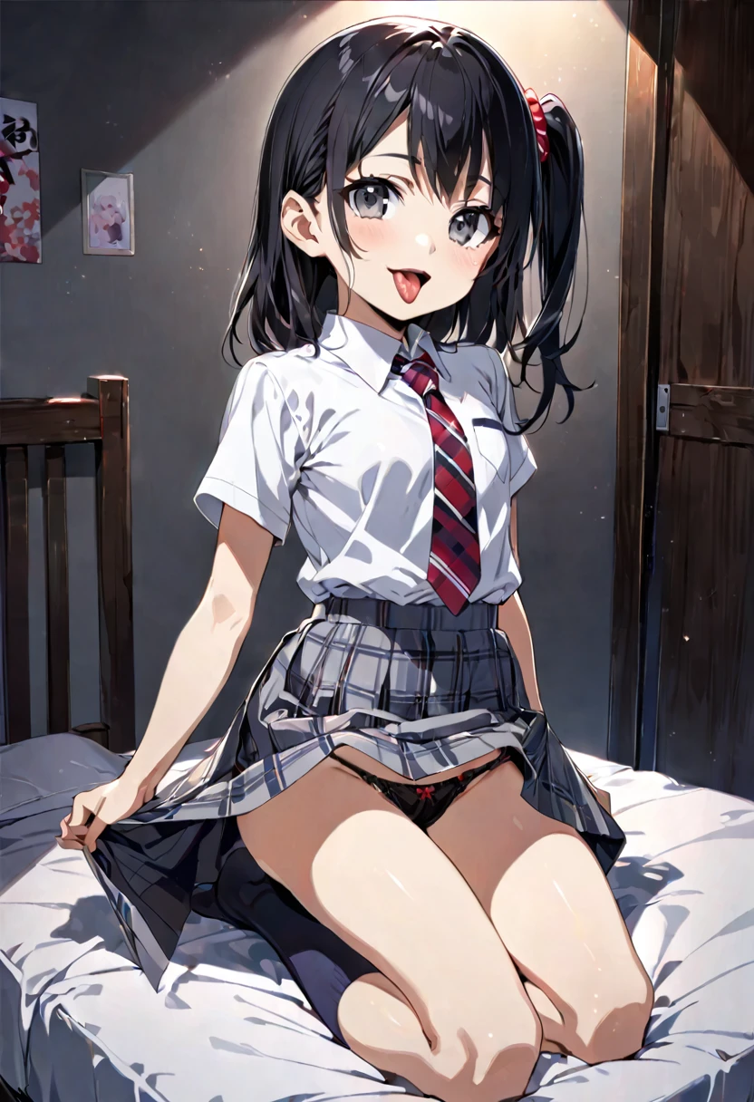 skirt lift,from front,front view,looking at viewer, looking ahead,from above,cowboy shot,1girl,Beautiful 11 year old girl,Japanese,Slender,,low length,Small breasts,Thin legs,Small Ass,Baby Face,Small face,Black Hair,one side up,Gray Eyes,Drooping eyes,middle School girls,uniform,Short sleeve shirt,Checked tie,Checked mini skirt,socks,black panties,open mouth,tongue out,front face,Kneeling,Straight Stand,Beautiful and detailed anime art,Mischievous smile,Sexy vibe,cum on tongue,Dimly lit room,On the bed,Simple Background,Gray background,Low lighting,