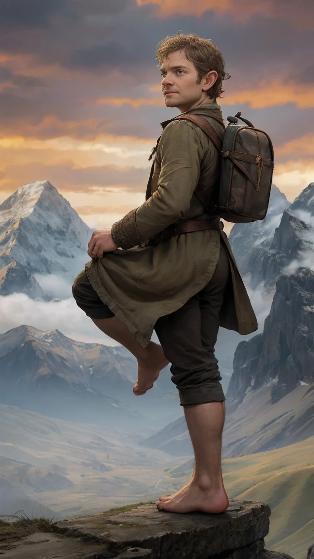 Martin Freeman as Bilbo Baggins or the Hobbit There and Back Again,curly hair, without shoes, barefoot, cinematic, against the backdrop of Mount Erebor Fantasy