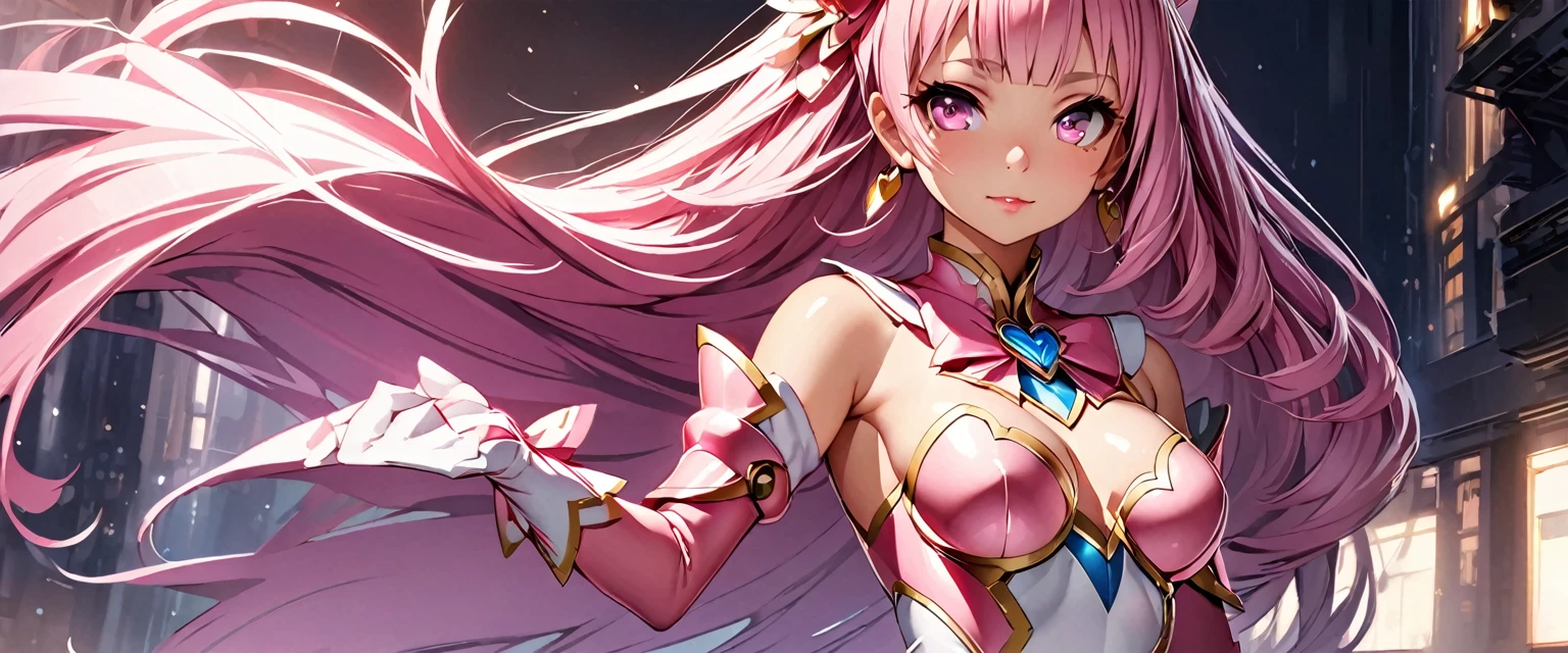 (Perfect Anatomy)、Mastepiece、Ultra High Quality、 8K、masterpiece、Highest quality、Ultra-high resolution、Maximum resolution、Very detailed、Professional Lighting、anime、woman、thin、so beautiful、Highly detailed eye、Highly detailed face、Golden earrings、Pink Hair,、Pink eyes、Mid-chest, pink lips, upper arm pink armor, white leotard, pink pattern, full body, magical girl, Angel Girl, Are standing, pink thigh high stockings, white super long boots, pink gauntlet, high heels, hime cut, bridal hair accessory, dogeza