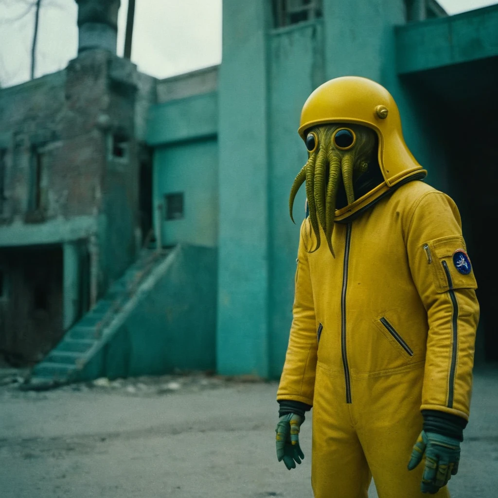 Horror-themed, In an ancient and mysterious city a person wearing a yellow helmet with yellow spikes on it carcosa city style, Don Bluth Style ASTRONAUT Cthulhu yellow Toon Doll, full body RAW candid cinema, cyan hair, 16mm, color graded portra 400 film, Eerie, unsettling, dark, spooky, suspenseful, grim, highly detailed
