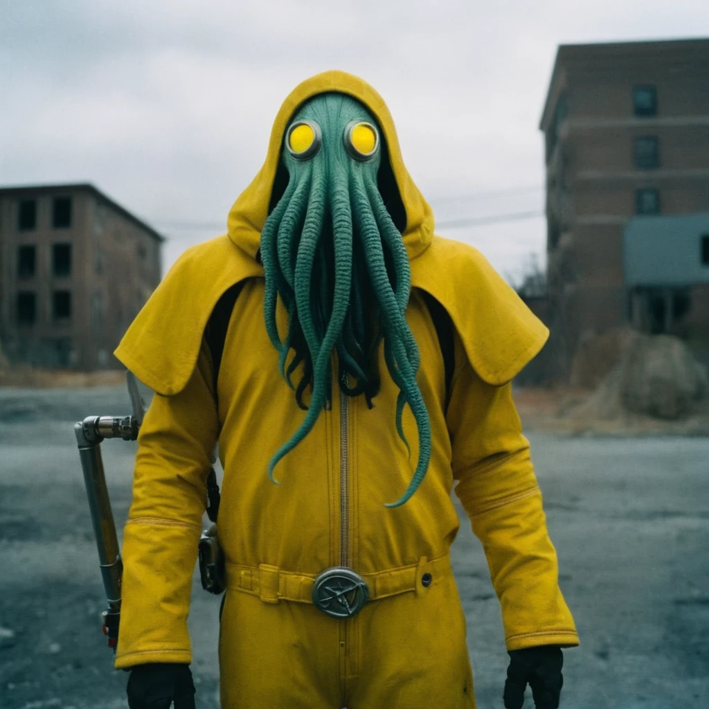 Horror-themed,  In an ancient and mysterious city a person wearing a yellow helmet with yellow spikes on it carcosa city style, Don Bluth Style ASTRONAUT Cthulhu yellow Toon Doll, full body RAW candid cinema, cyan hair, 16mm, color graded portra 400 film, Eerie, unsettling, dark, spooky, suspenseful, grim, highly detailed