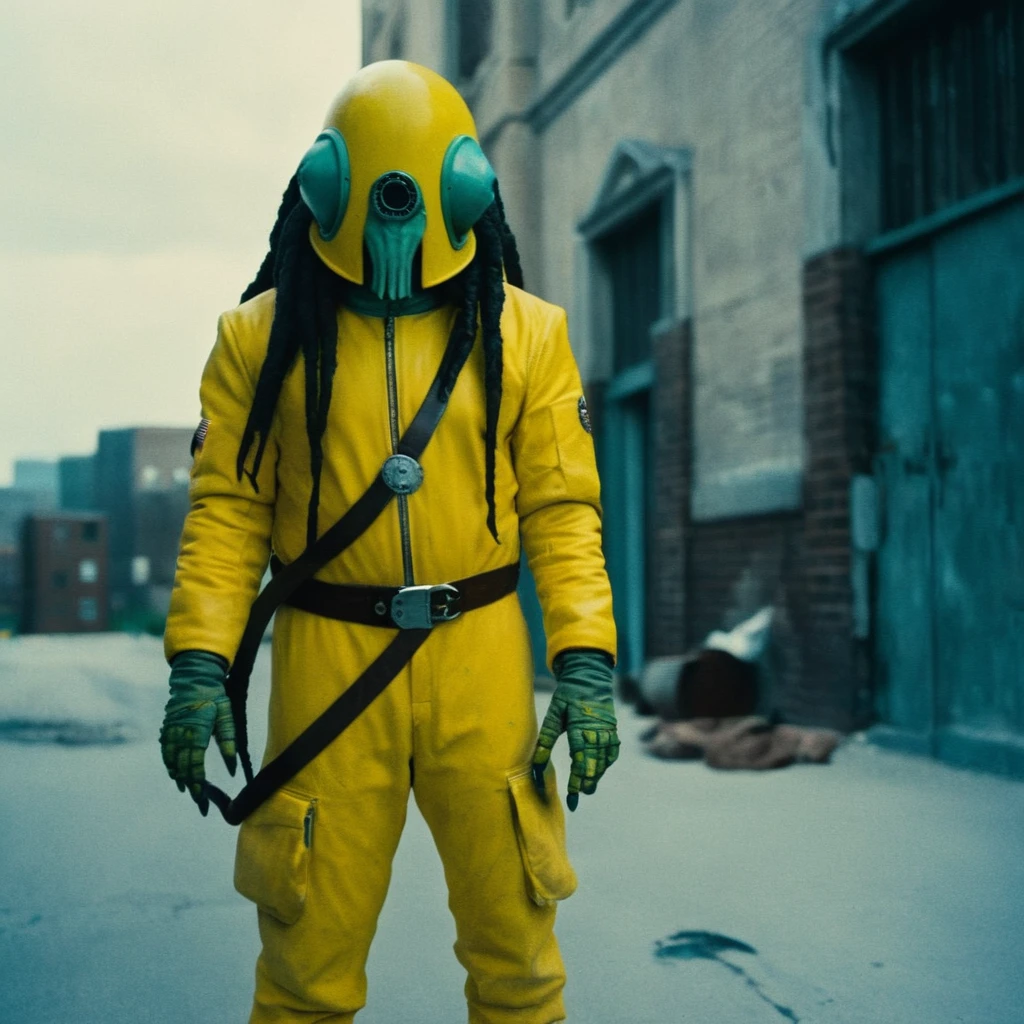 Horror-themed,  In an ancient and mysterious city a person wearing a yellow helmet with yellow spikes on it carcosa city style, Don Bluth Style ASTRONAUT Cthulhu yellow Toon Doll, full body RAW candid cinema, cyan hair, 16mm, color graded portra 400 film, Eerie, unsettling, dark, spooky, suspenseful, grim, highly detailed