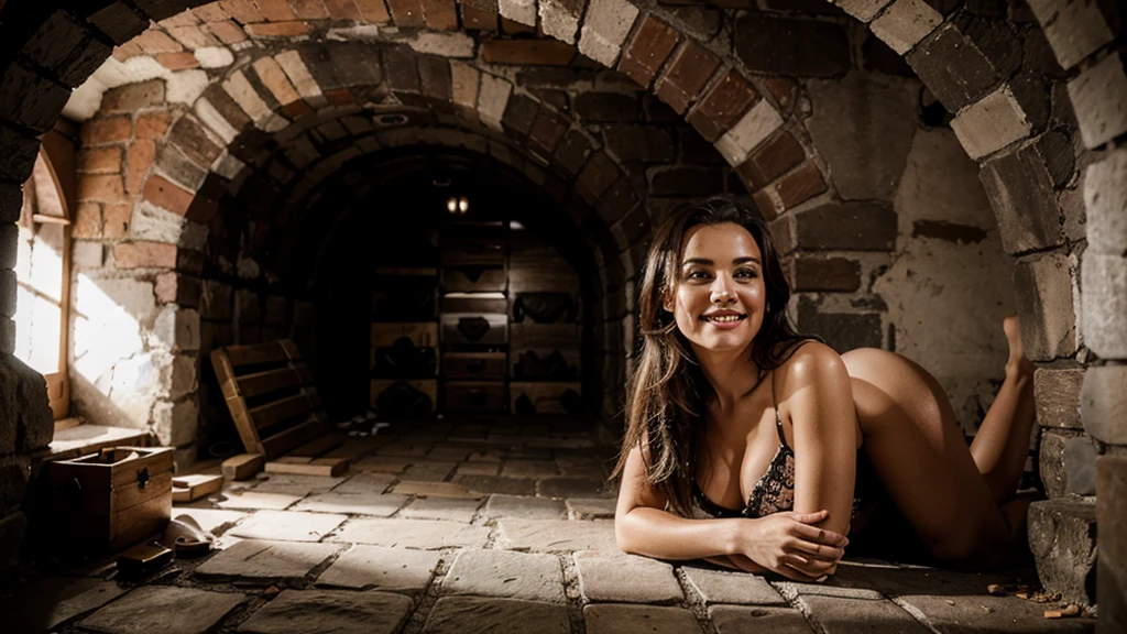 Female model. Happy. Cellar