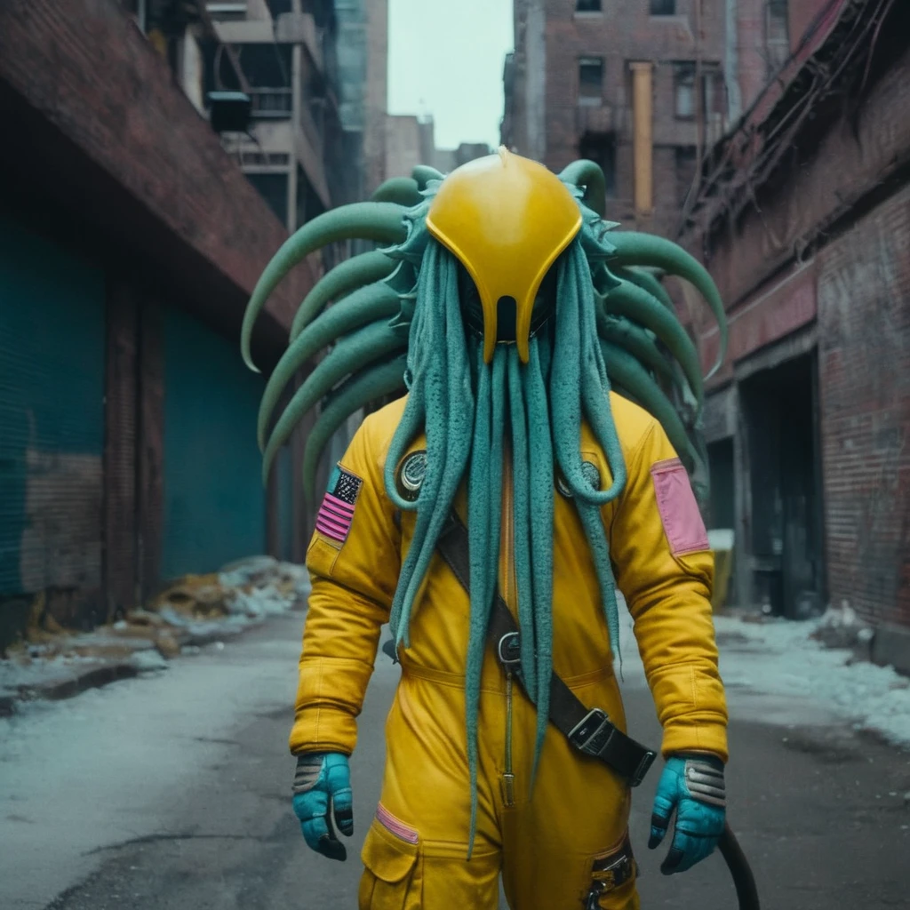 Horror-themed,  In an ancient and mysterious city a person wearing a yellow helmet with pink dark spikes on it carcosa city style, Don Bluth Style ASTRONAUT Cthulhu yellow Toon Doll, full body RAW candid cinema, cyan hair, 16mm, color graded portra 400 film, Eerie, unsettling, dark, spooky, suspenseful, grim, highly detailed, titanium decorative headdress, cinematic, trending on artstation | Isometric | Centered