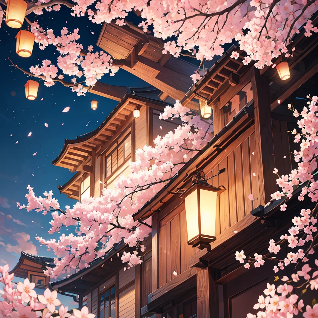 lanterns flying in the sky, cherry blossom trees