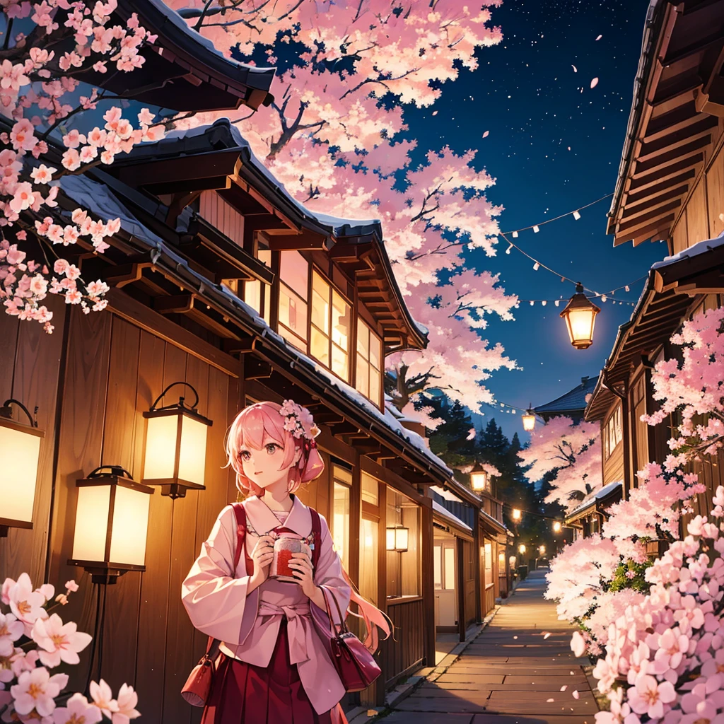 lanterns flying in the sky, cherry blossom trees