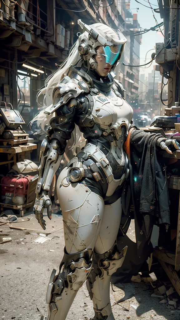 ((best quality)), ((masterpiece)), ((realistic)), (detailed), (photorealistic:1.5), a futuristic girl, (thick body), (white bodysuit), lights on armor, cybernetic headwear, looking at viewer, dynamic pose, post apocalyptic, destroyed city background, buildings on fire, science fiction, hdr, ray tracing, nvidia rtx, super-resolution, unreal 5, subsurface scattering, pbr texturing, post-processing, anisotropic filtering, depth of field, maximum clarity and sharpness, rule of thirds, 8k raw, (luminescent particles:1.4), (extremely detailed cg, unity 8k wallpaper, 3d, cinematic lighting, lens flare), reflections, sharp focus, cyberpunk art, cyberpunk architecture,