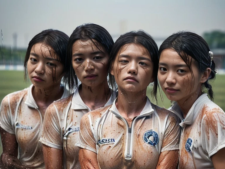 (A plain white short sleeved dirt stained field hockey uniform with a very tight white half zip:1.7)、(A large, dirt-stained, white, square collar: 1.6)、(Red clay ground:1.5)、My hair is wet and messy、(Beautiful Japanese woman covered in dirt:2.0)、Highest quality, masterpiece, Ultra-high resolution, Photorealistic, Raw Photos,Detailed face,(woman with strong arms:2.4), (Fastener open: 1.8), (Upper body zoom up:1.0),(Everyone wears the same clothes:1.0), All members are super beauties, (Three beautiful Japanese women standing in a row facing the camera: 1.5), (Hair tied up: 1.4), (Exhausted expression: 2.0), Bright photo, (My whole body is drenched in rain: 1.7)
