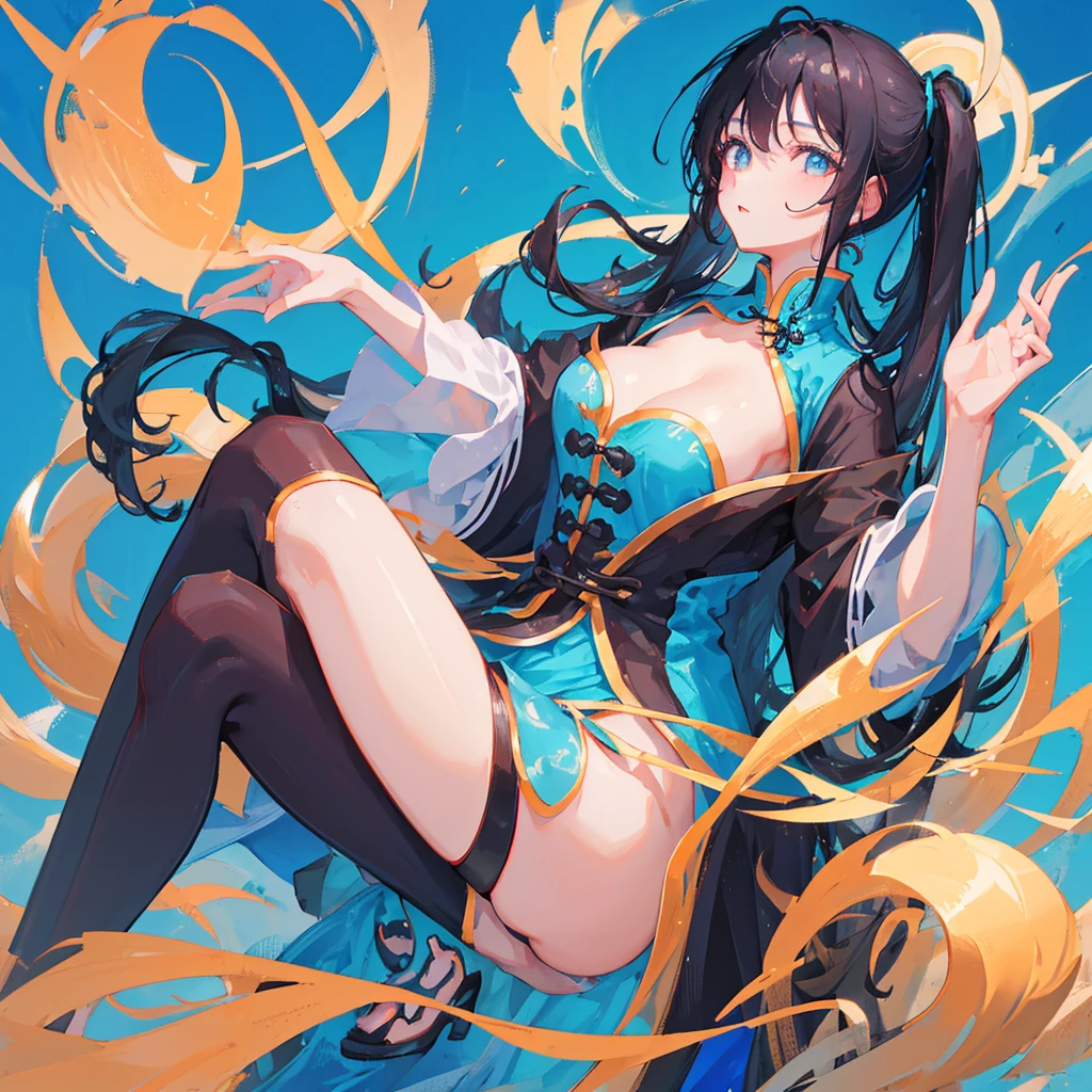 A Chinese woman,Black hair,((Pure blue background))