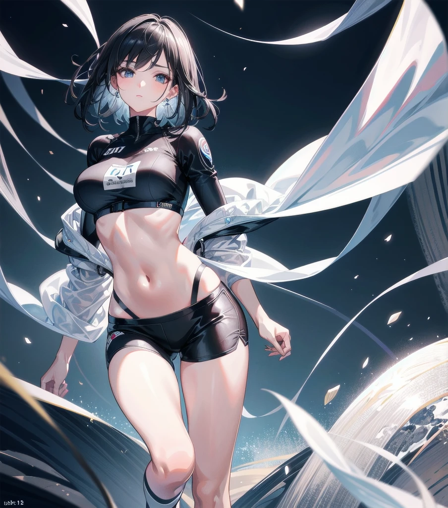 absurdres, RAW photo, extremely delicate and beautiful, masterpiece, Best Quality, ultra high resolution, 32k, hyperrealistic, ultra-detailed, Very detailed CG 8k wallpaper, Beautiful Lighting, Perfect Lightning, Realistic Shadows, perfect anatomy, super Detailed skin, perfect figure, Japanese woman, late 20s, very Slim body, narrow waist, very small head, handsome detailed woman, very detailed eyes and face, realistic face proportions, Stunning detailed eyes, Realistic beautiful face, very small face, Realistic small beautiful eyes, tearful mole, earring, beautiful and very thin legs, beautiful and very thin thighs, very huge round breasts, medium hair, black hair, full body shot, volleyball Jersey, shorts, midriff,