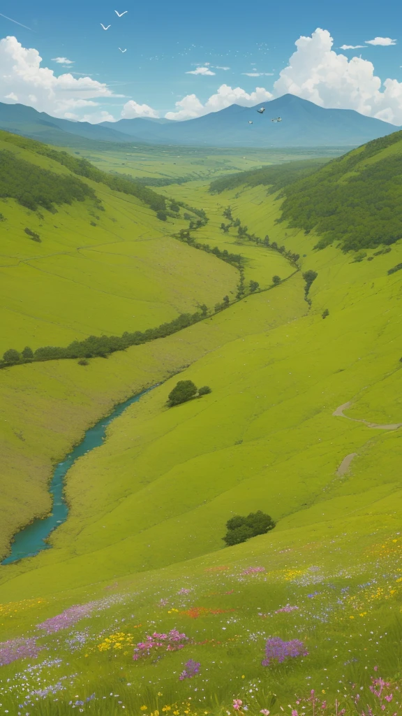 Distant scenery,Green mountains,clear blue skies,Flocks of birds fly in the sky,There are butterflies everywhere,Small river around,tussock,There are flowers on the ground,a warm color palette