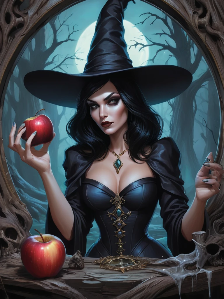 wonderland，Witch with mysterious powers，beautiful，Black hair，Dark Castle，Dead Wood, ((Holding a poisoned apple，Poison Magic))，(Magic mirror)，Witch Queen，magic, Fantastic, Fantasy art concept, Intricate details, best quality, masterpiece, Extremely sharp, Surrealism